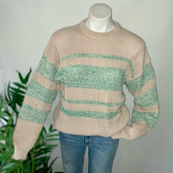 v i n t a g e :: Slouchy Ribbed Knit Natural Striped Knit Sweater - Picture 4 of 9